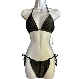 Refuge Black Strappy Triangle Bikini Set – M Top, S Bottom, Sexy, Halter Tie